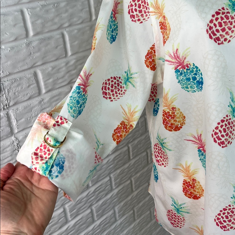CHICO’S PINEAPPLE BUTTON UP NO IRON BLOUSE GOLD BUTTONS ROLL UP SLEEVES SZ 3 - Picture 6 of 11